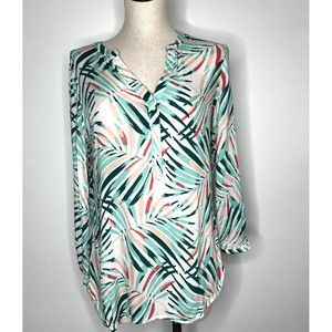 Old Navy Top Tunic Shirt Womens XS Palm Leaf Print Long Sleeve V-neck 1/4 Button